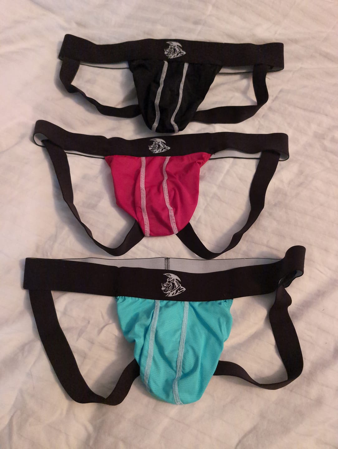 Customer photo review of Nylon 0in Mesh Jockstrap No Fly 3pk Black/Light Blue/Red