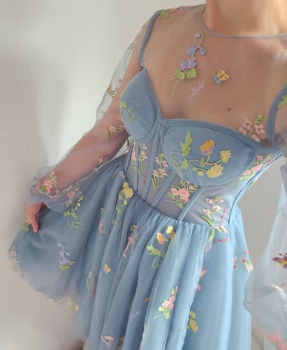 Customer photo review of Dusty Blue Floral Embroidered Tulle Maxi Dress with Sheer Long Sleeves