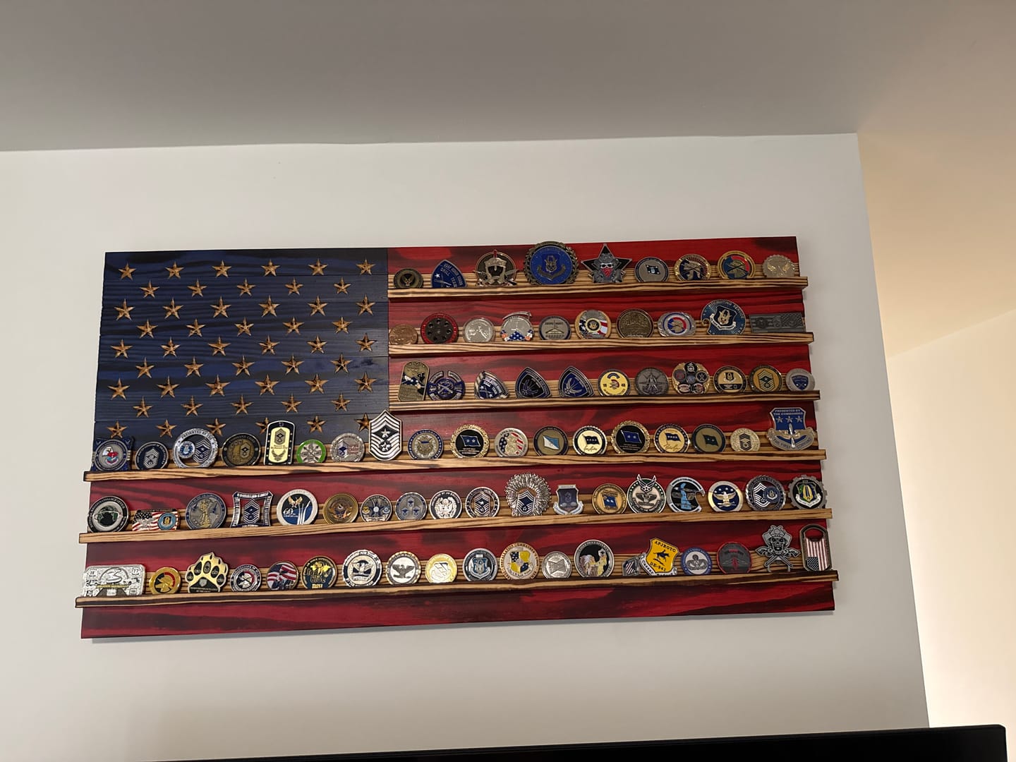 Customer photo review of Challenge Coin Display Rack Holder - Rustic American Flag