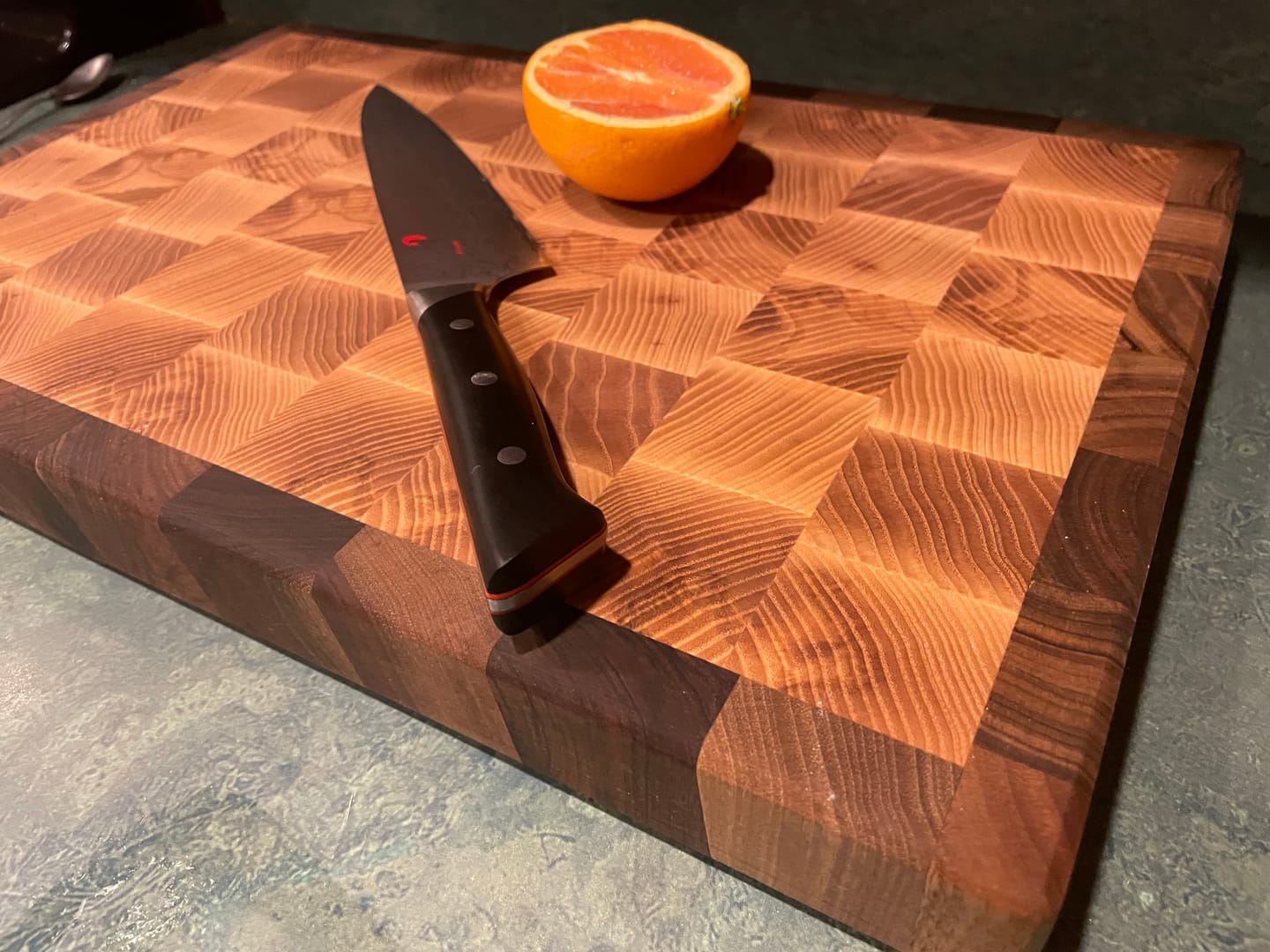 Customer photo review of Personalized Walnut and Cherry End Grain Cutting Board