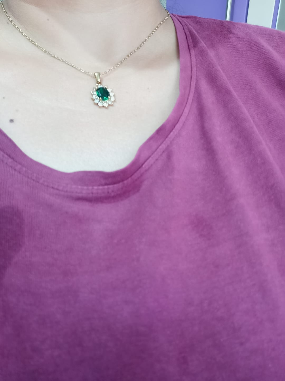 Customer photo review of Green Sapphire and Diamond Halo Pendant