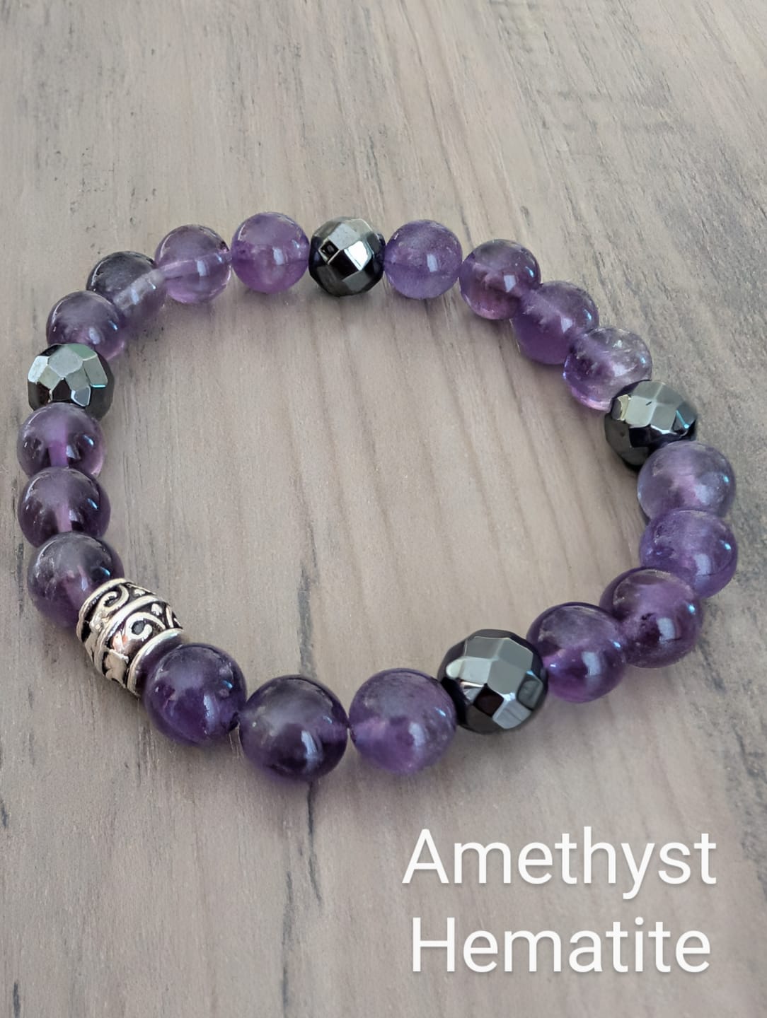 Customer photo review of Amethyst and Hematite Stretch Bracelet - Artisan Made