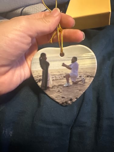 Customer photo review of Engagement Ornament - Custom Map & Photo Gift Heart-shaped Ceramic Ornament