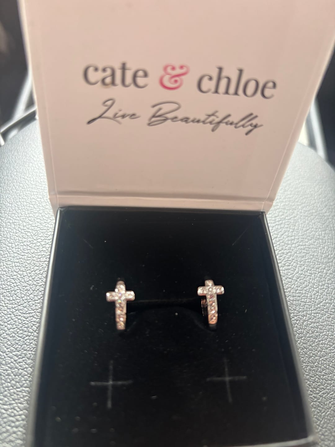 Customer photo review of Danielle 18k White Gold Plated 18mm Hoop Cross Earrings with Swarovski Crystals