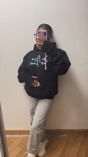 Customer photo review of designed in london navy hoodie