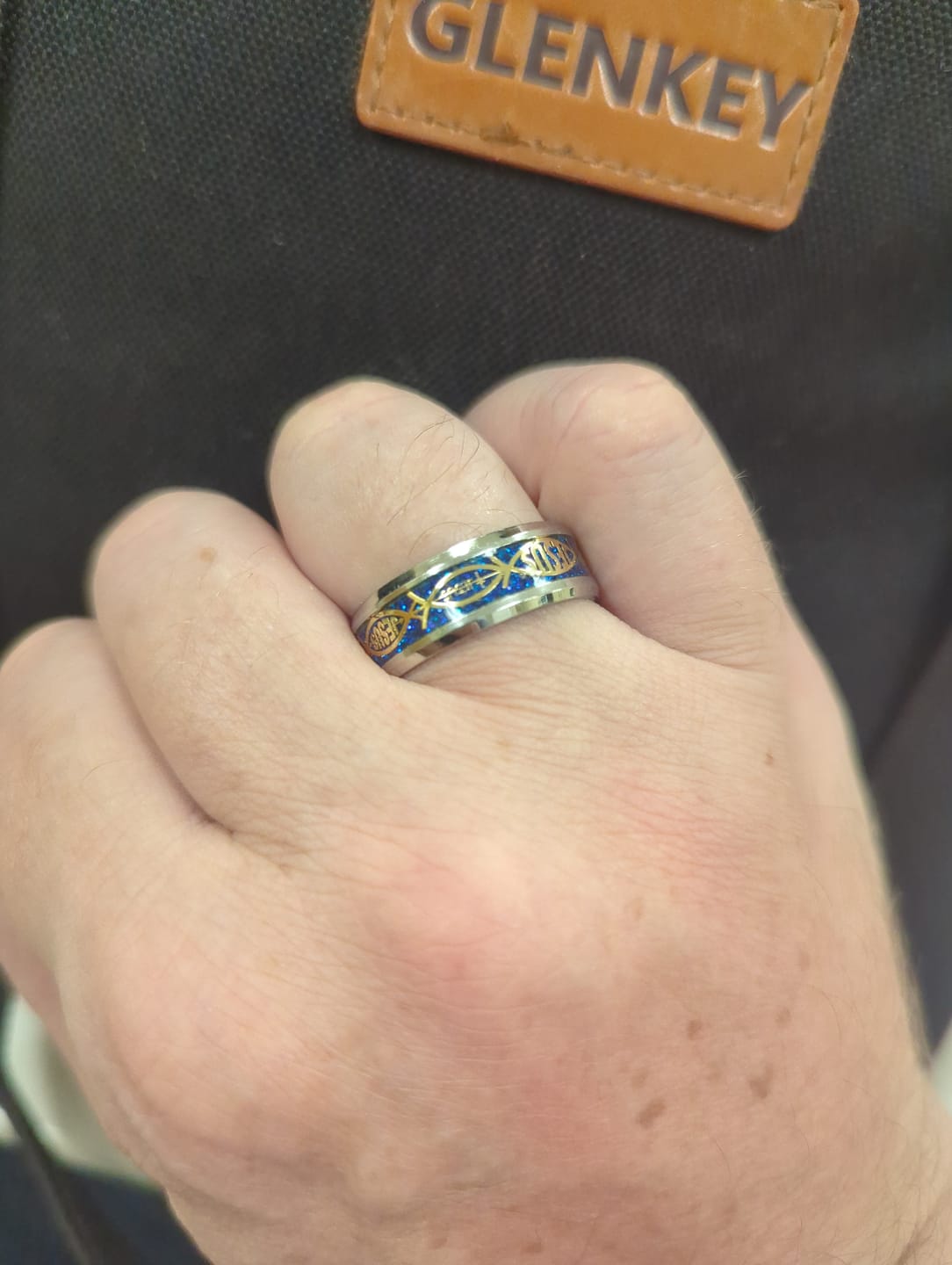Customer photo review of Christianartworkshop Rustic Stainless Steel Ring: "Jesus" in Fish