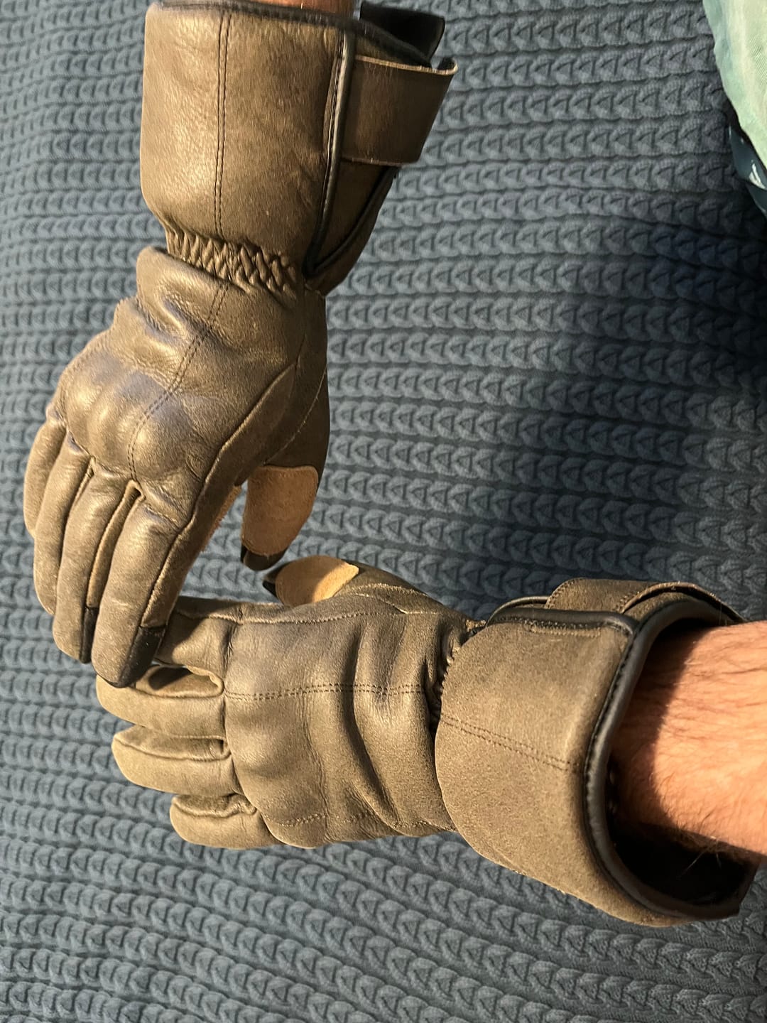Customer photo review of GEN 2 'The Original' Double Length Gauntlet | Extra Long Warm Motorbike Gloves | Retro Brown Distressed Leather