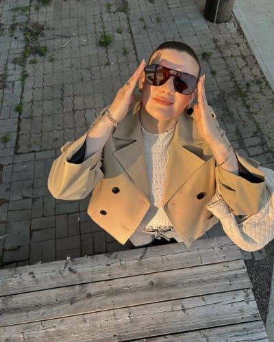Customer photo review of Janice Cropped Trench Coat