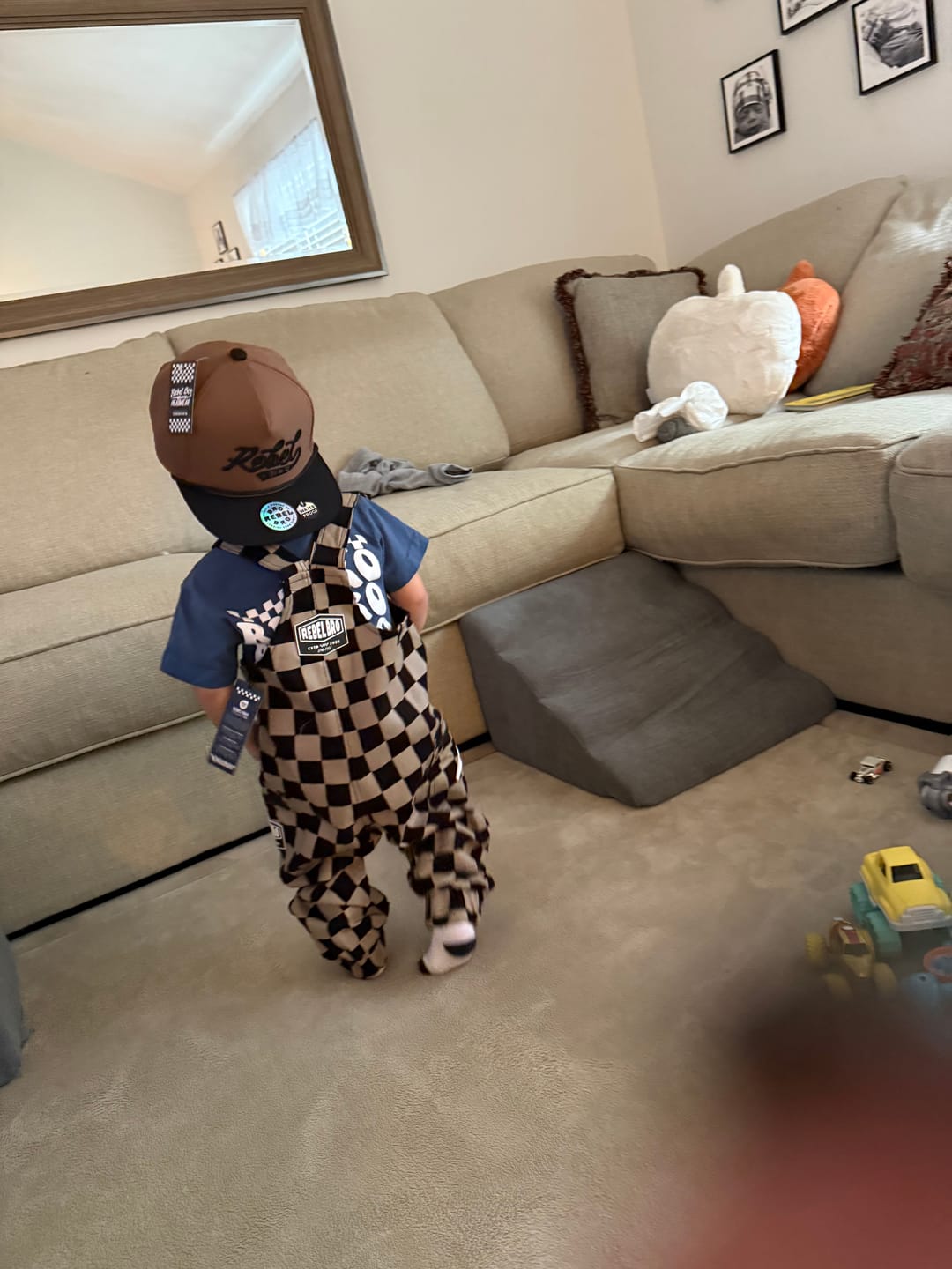 Customer photo review of Overalls in Taupe + Black Checkered