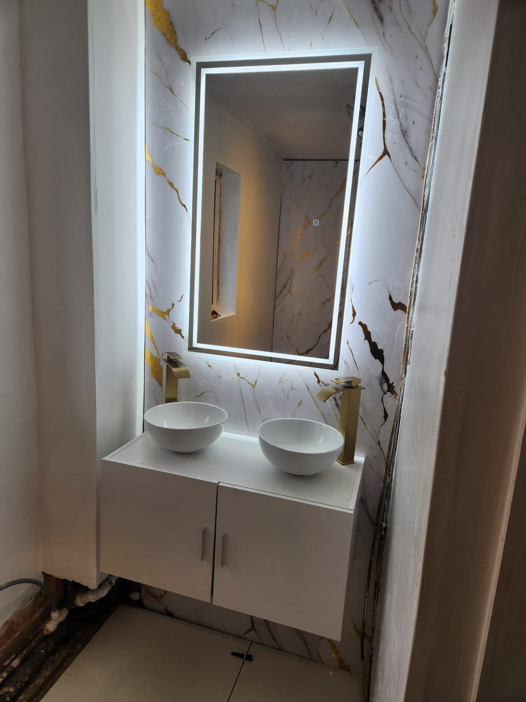 Customer photo review of Premium White Gold Marble Gloss Shower Wall Panel – 1M x 2.4M