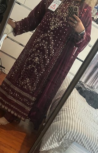 Customer photo review of Maria B Inspired Mbroidered Chiffon 3 Piece Wedding Long Dress Maroon