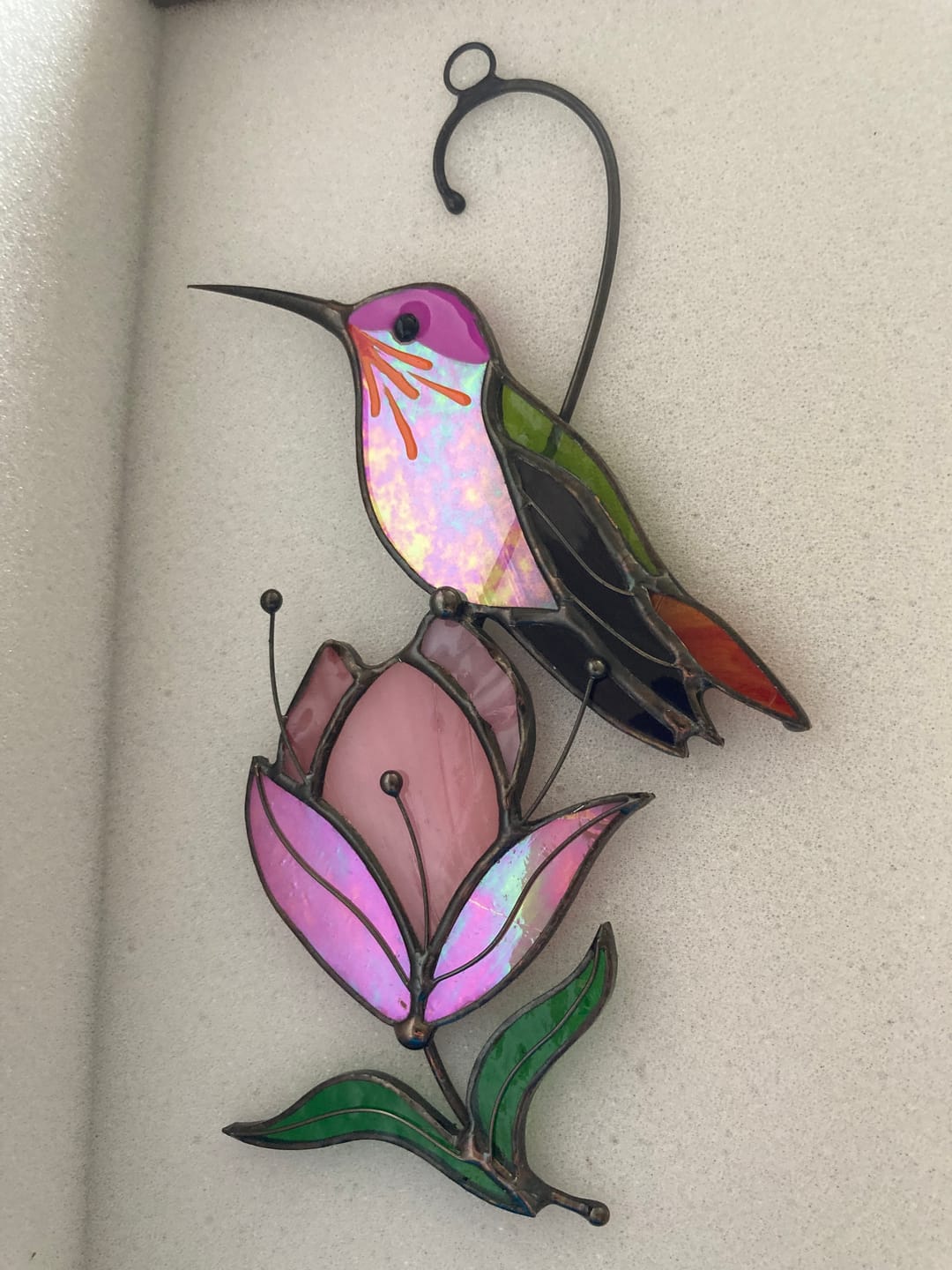 Customer photo review of Hummingbird suncatcher with magnolia - Stained glass art gift ideas