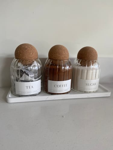 Customer photo review of Set of 3 Ribbed Cork Ball Glass Jars - Tea, Coffee and Sugar 500ml with Long Tray