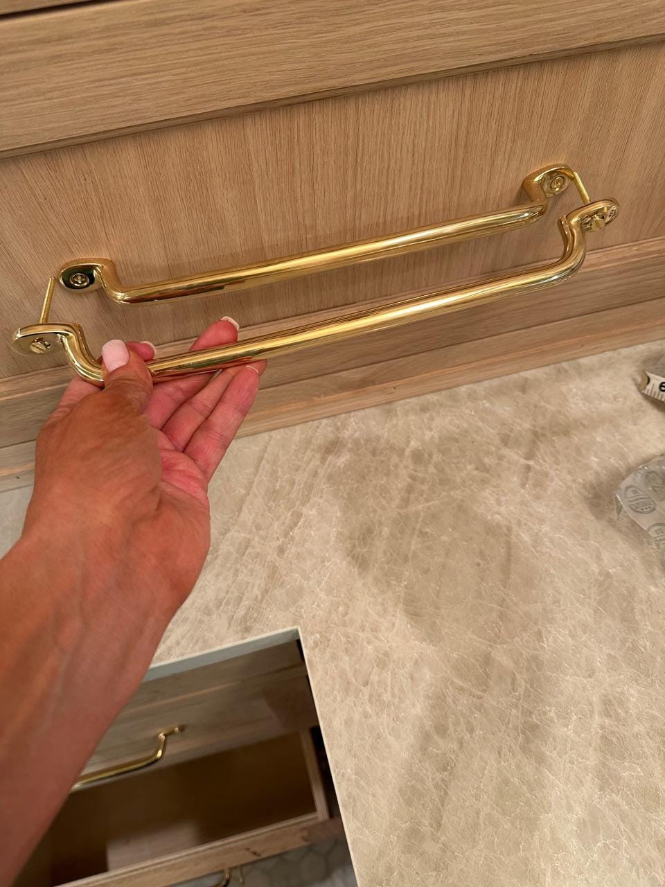 Customer photo review of Serene Cabinet Pulls - Unlacquered Brass Polished