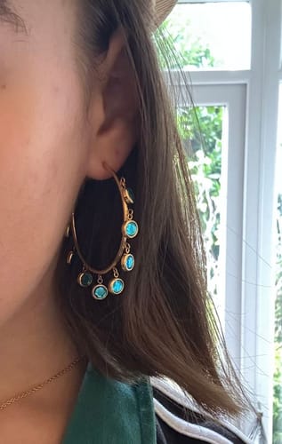 Customer photo review of Faiza Droplet Statement Hoops Turquoise & Gold