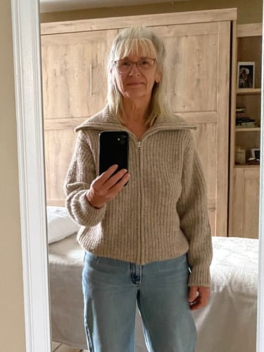 Customer photo review of Zen Soft Hug Zip-Up Sweater (Heather Beige)