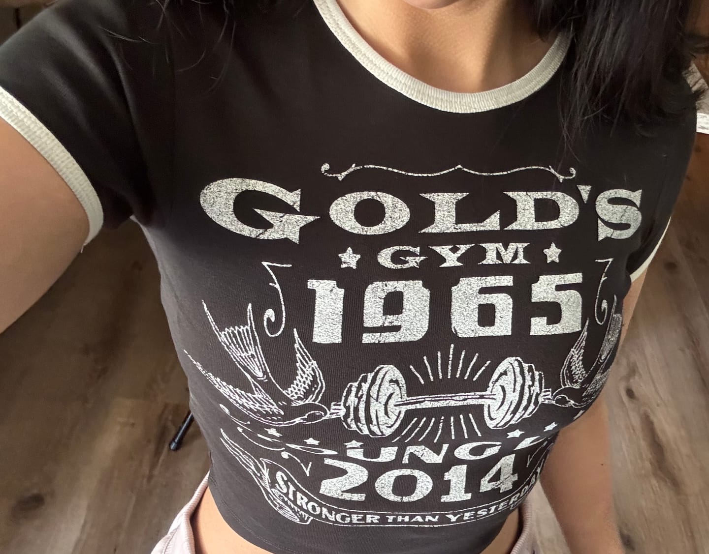 Customer photo review of W471 Gold's Gym Ringer Baby Tee