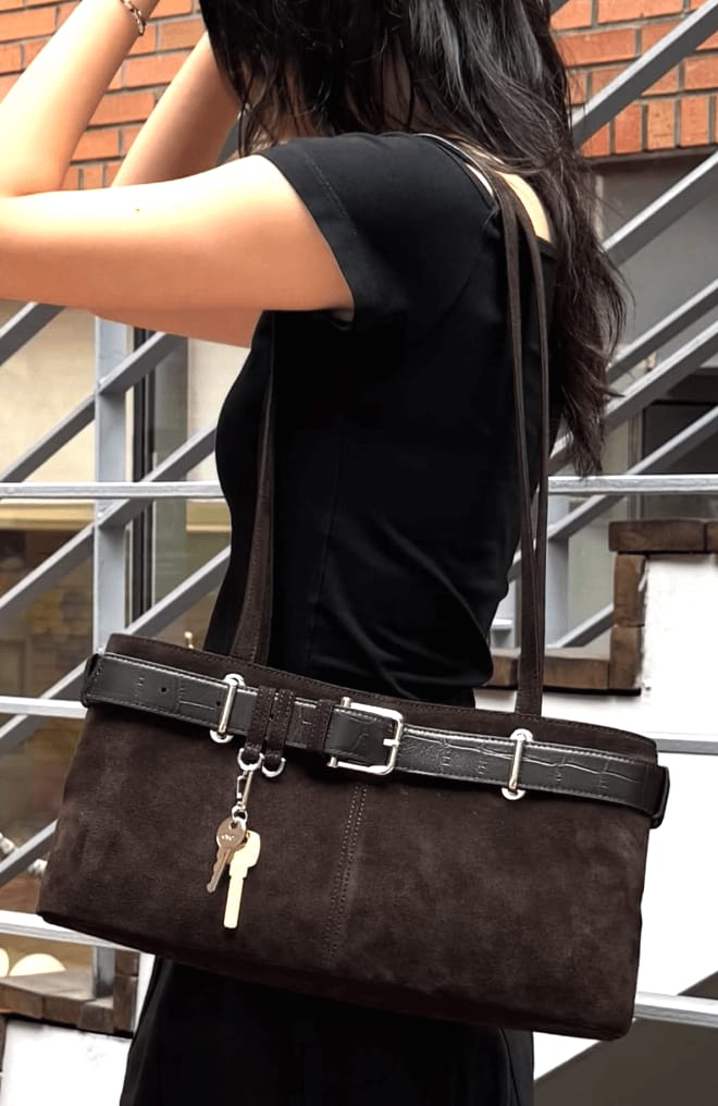 Customer photo review of Nora Vegan Suede Bag
