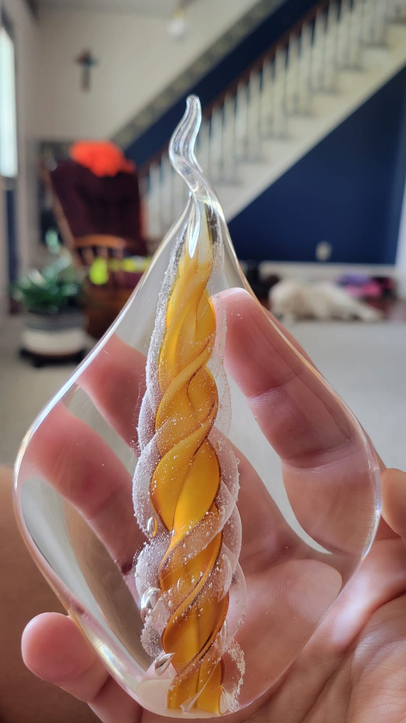 Customer photo review of Memorial Glass Flame with Cremation Ashes