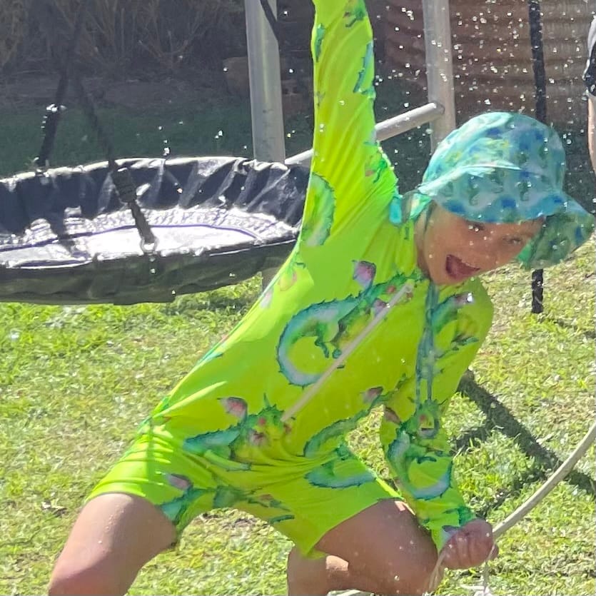 Customer photo review of Fluro Dragon Unisex Long Sleeve Zip Swimmers