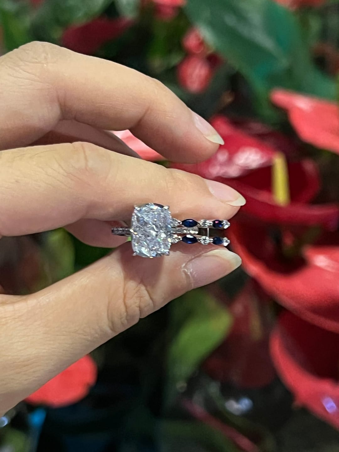 Customer photo review of S925 6.5Ct Cushion Cut Insert Wedding Ring Set With Unique White & Blue/Red Stone Engagement Ring Enhancer