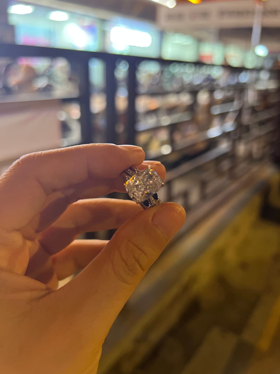 Customer photo review of S925 6.5Ct Cushion Cut Insert Wedding Ring Set With Unique White & Blue/Red Stone Engagement Ring Enhancer
