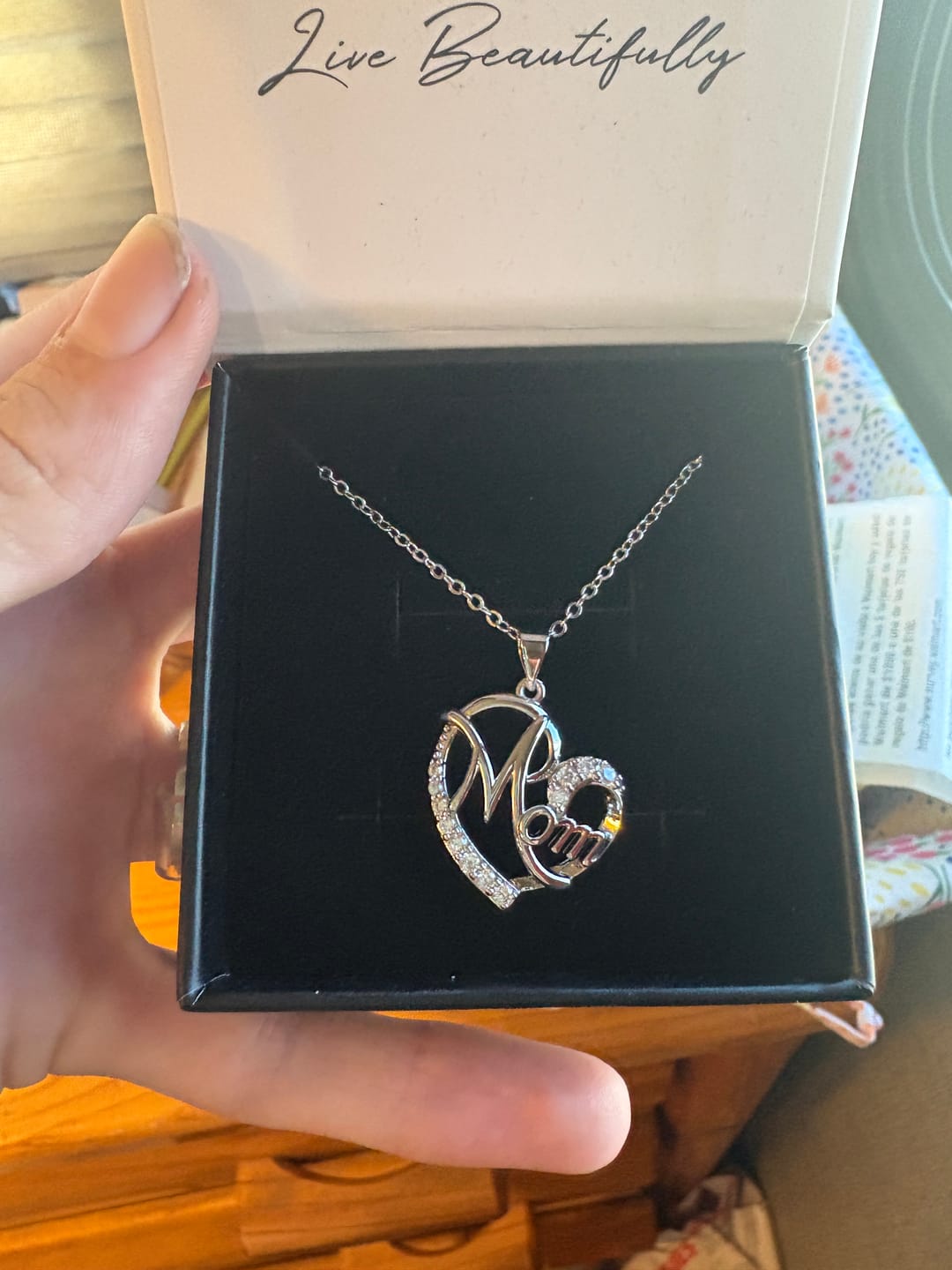 Customer photo review of Persephone 18k White Gold Plated Mom Heart Pendant Necklace with Simulated Diamond Crystals