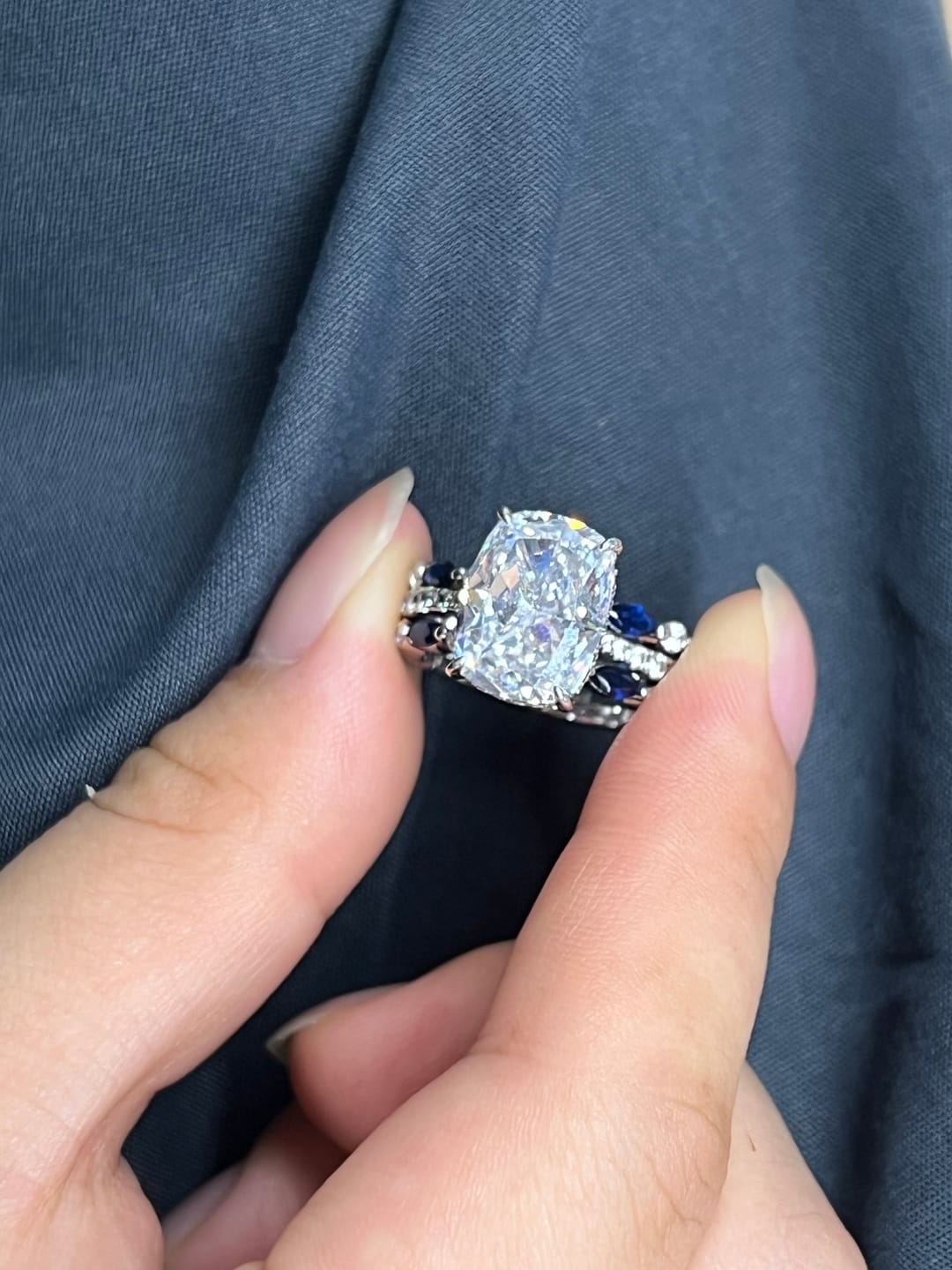 Customer photo review of S925 6.5Ct Cushion Cut Insert Wedding Ring Set With Unique White & Blue/Red Stone Engagement Ring Enhancer