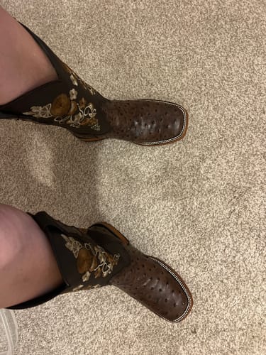 Customer photo review of Women’s Brown Ostrich Leather Boots With Caramel Floral Shaft