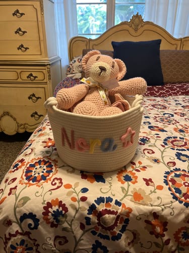 Customer photo review of Baby Knits™  Multicolor Personalized Knitted Basket
