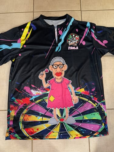 Customer photo review of Maxcorners Darts Color Splash Dartboard Graffiti Style Customized Name, Team Name 3D Unisex Shirt For Paula