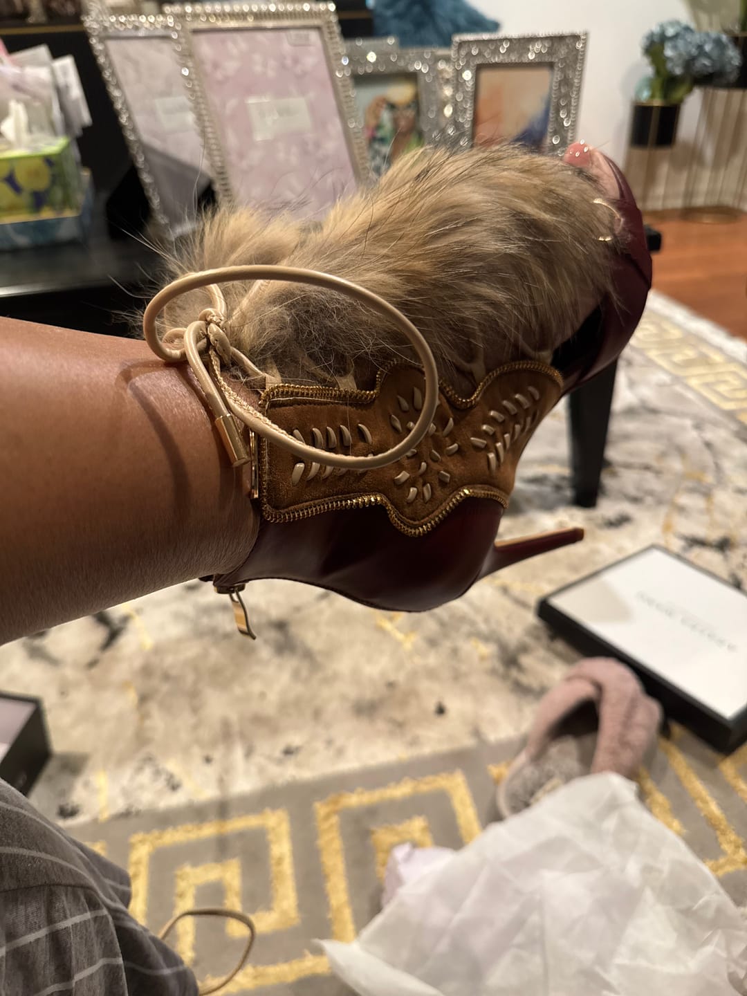 Customer photo review of SHAINY-MULTI TIE UP FAUX FUR STILETTO SANDAL