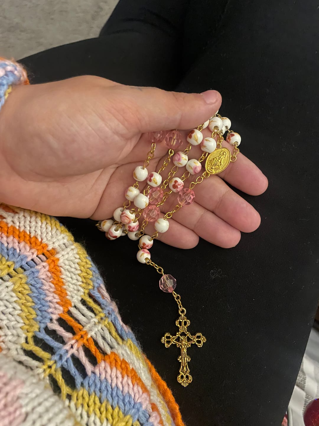 Customer photo review of FREE Today: Miraculous Medal & Crucifix of 8 mm Round Floral Pink Ceramic Alloy Chain Rosary
