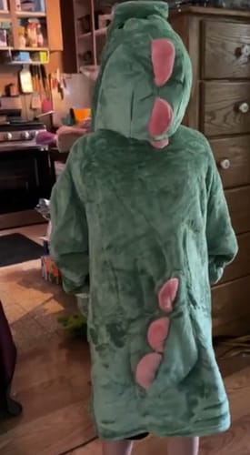 Customer photo review of Kids OLAOLA Green Dinosaur Wearable Blanket Hoodie Animals Onesie Oversized Soft Homewear With Giant Pocket