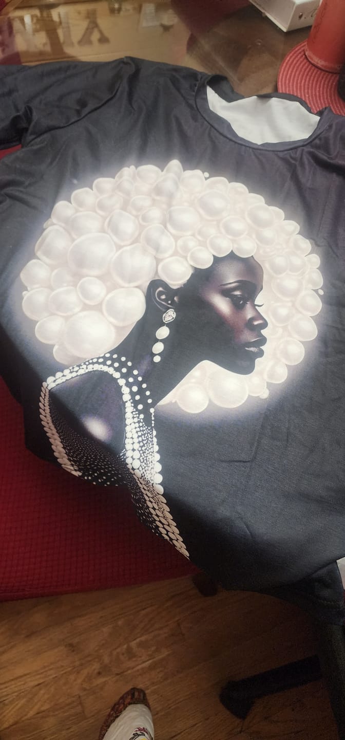 Customer photo review of Pearl Afro Black Woman Crew Neck Short Sleeve Tshirt