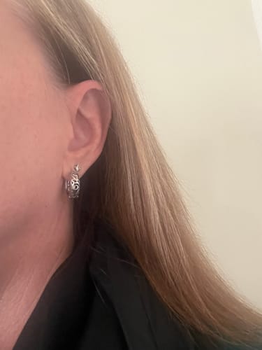 Customer photo review of Filigree Huggie Earrings in Sterling Silver
