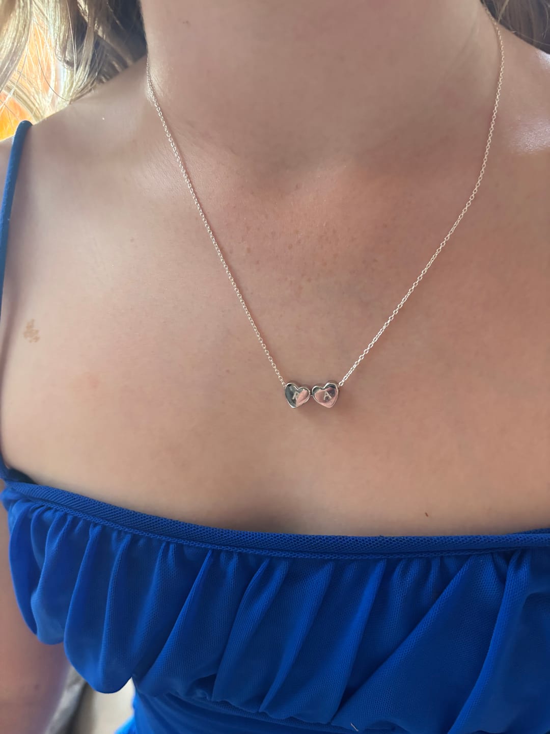 Customer photo review of Amo Heart Double Bead Necklace in Silver