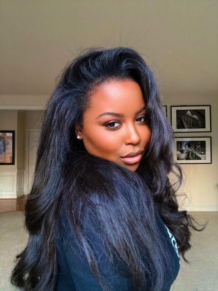 Customer photo review of Wavymy Upgrade Drawstring Half Wig Lazy Layered Yaki Wave Wig Human Hair No Glue No Lace Pre-Styled Wig