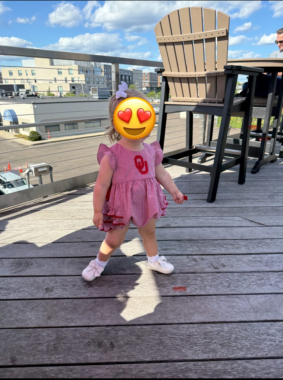 Customer photo review of Oklahoma Embroidered Red Ruffle Bubble