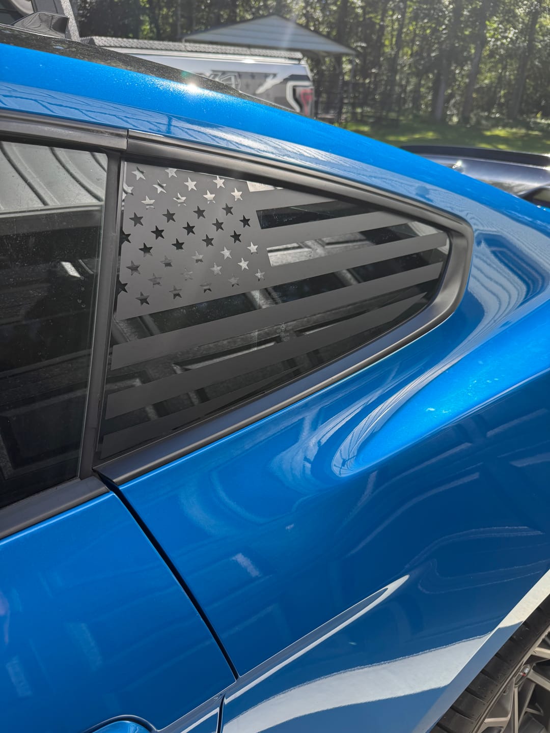 Customer photo review of American flag pre-cut accent decal fits 2015-2021 Ford Mustang quarter windows