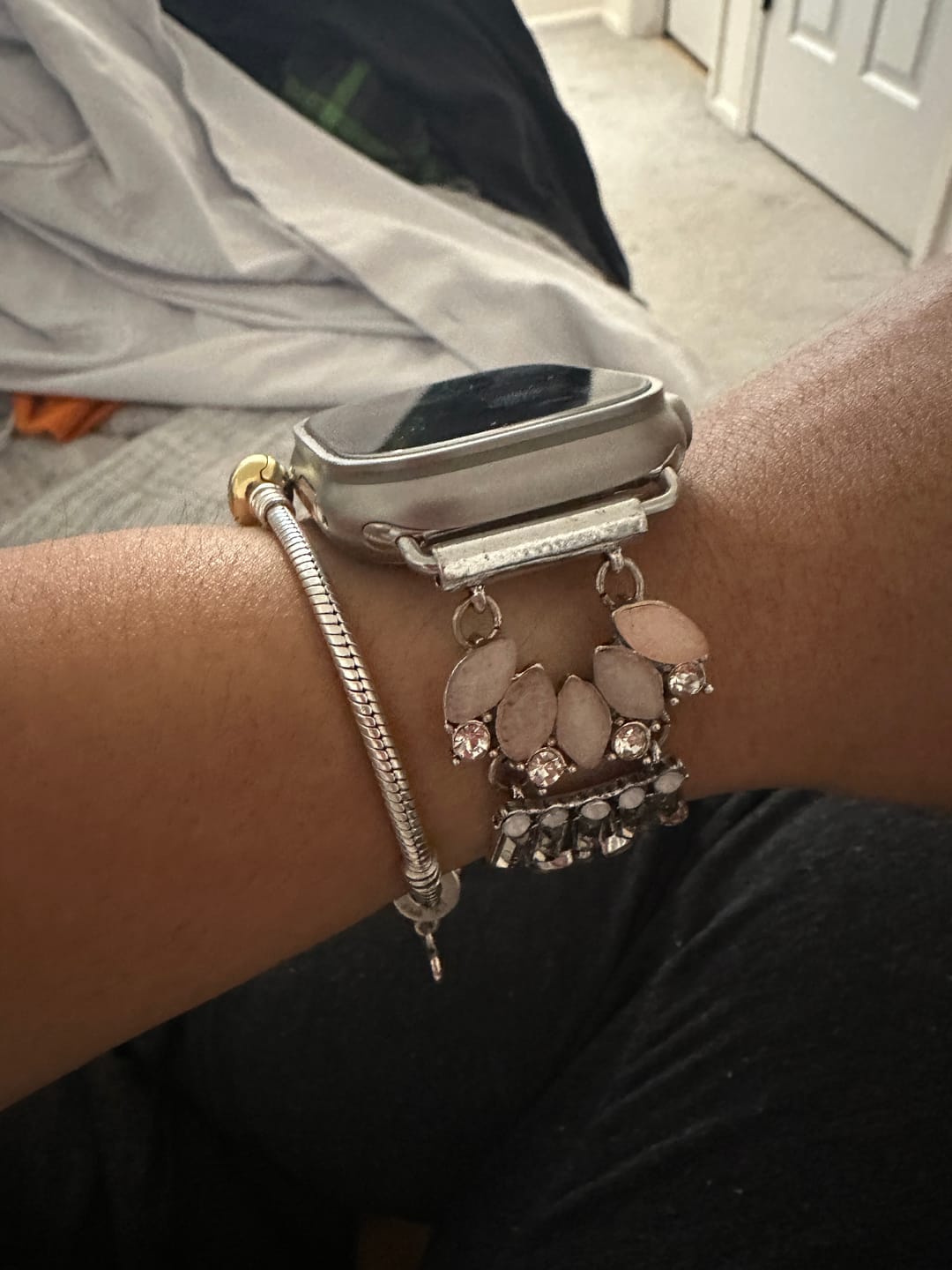 Customer photo review of The Pink Gatsby, Gold, Silver, and Rose Gold Jeweled Watch Band with Rose Quartz for Apple Watch