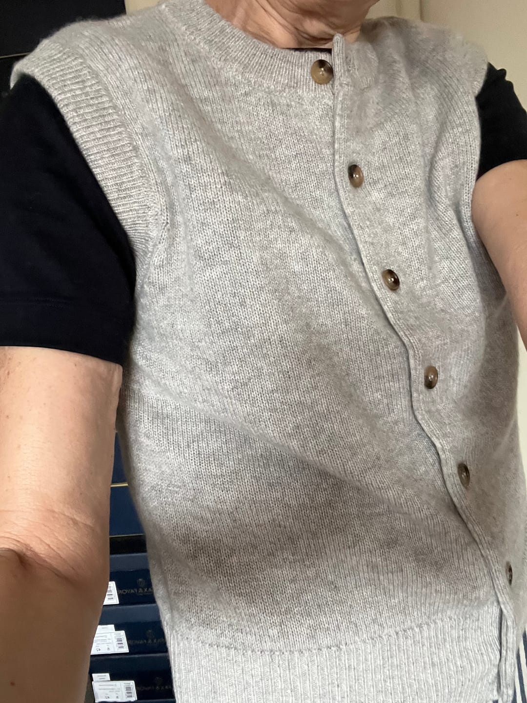 Customer photo review of Brand New Mist Grey Luxury Cashmere Crew Neck Waistcoat Medium UK 12-14