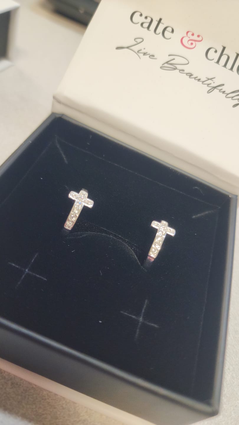 Customer photo review of Danielle 18k White Gold Plated 18mm Hoop Cross Earrings with Swarovski Crystals