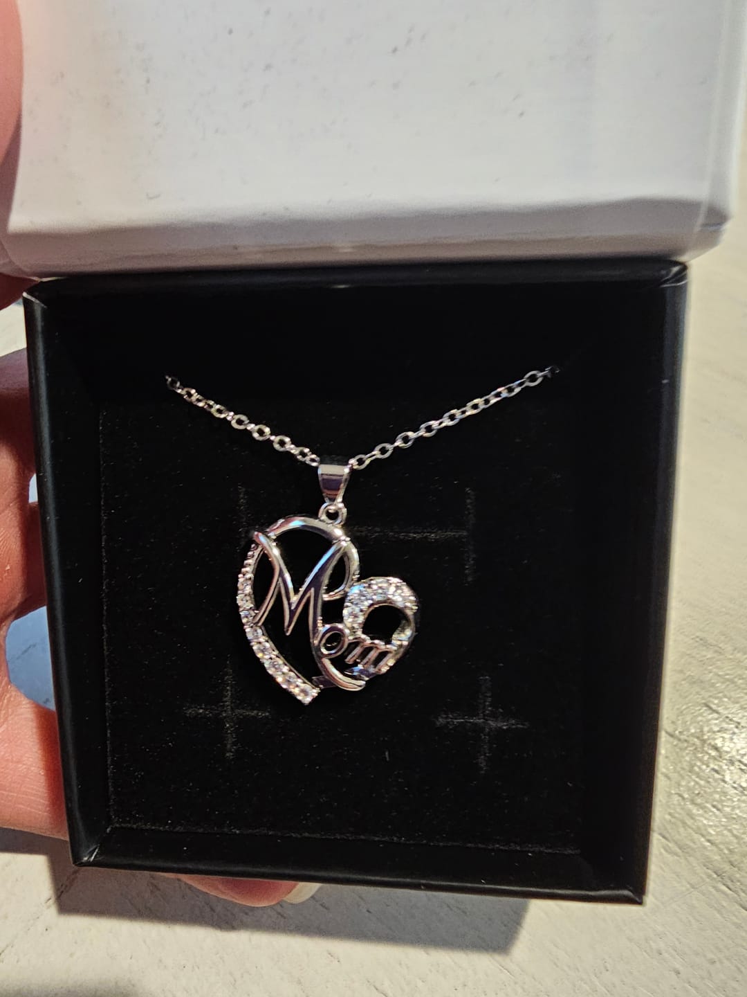 Customer photo review of Persephone 18k White Gold Plated Mom Heart Pendant Necklace with Simulated Diamond Crystals