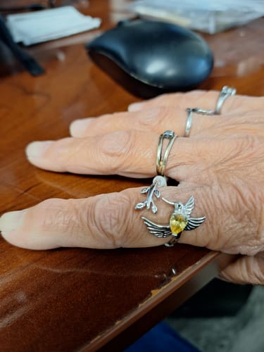Customer photo review of Personalized Memorial Hummingbird Leaf Ring - Those we love don't go away they fly beside us every day