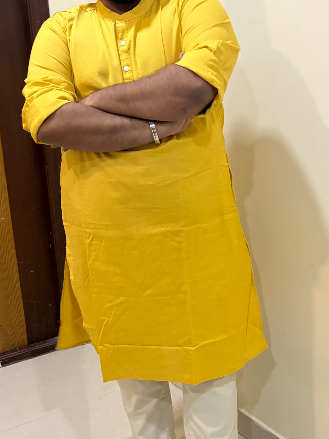 Customer photo review of Men Yellow Airy Linen Long Kurta