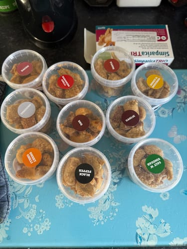 Customer photo review of The Pork Scratching Taster Package - 10 Taster Tubs