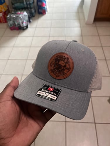 Customer photo review of Custom Leather Patch Trucker Hat - Richardson 112