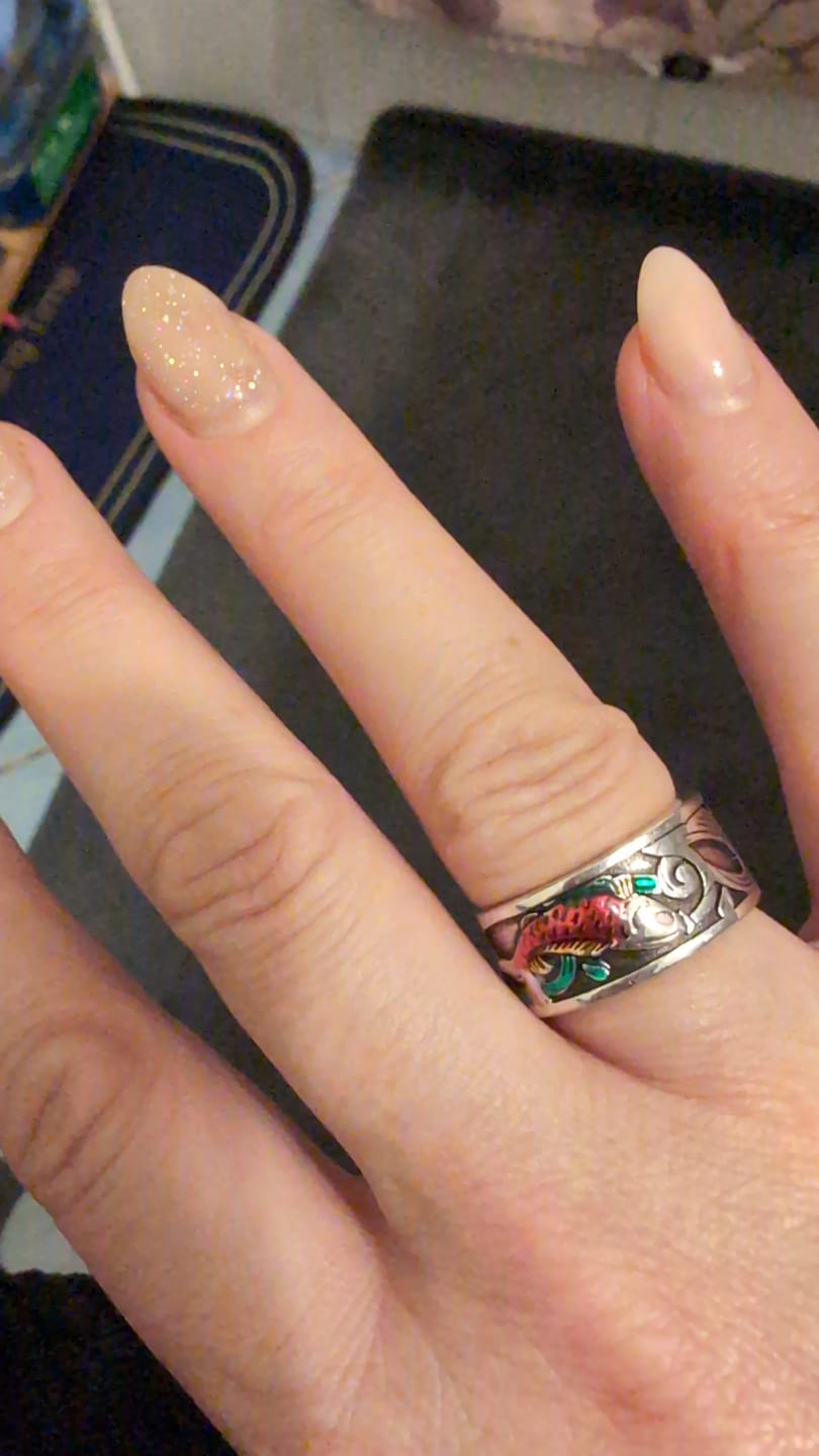 Customer photo review of Buddha Stones Blauer Email Koi-Fisch Herz-Sutra Erfolgsring