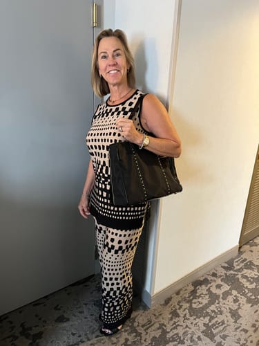 Customer photo review of Joseph Ribkoff Black/Dune Polka Dot Print Crew Neck Sleeveless Tunic Top 251193